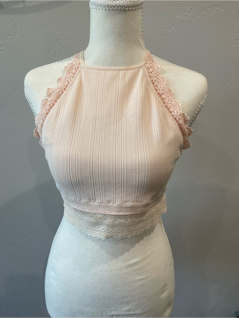Ribbed Lace Halter Crop Top - Pale Blush